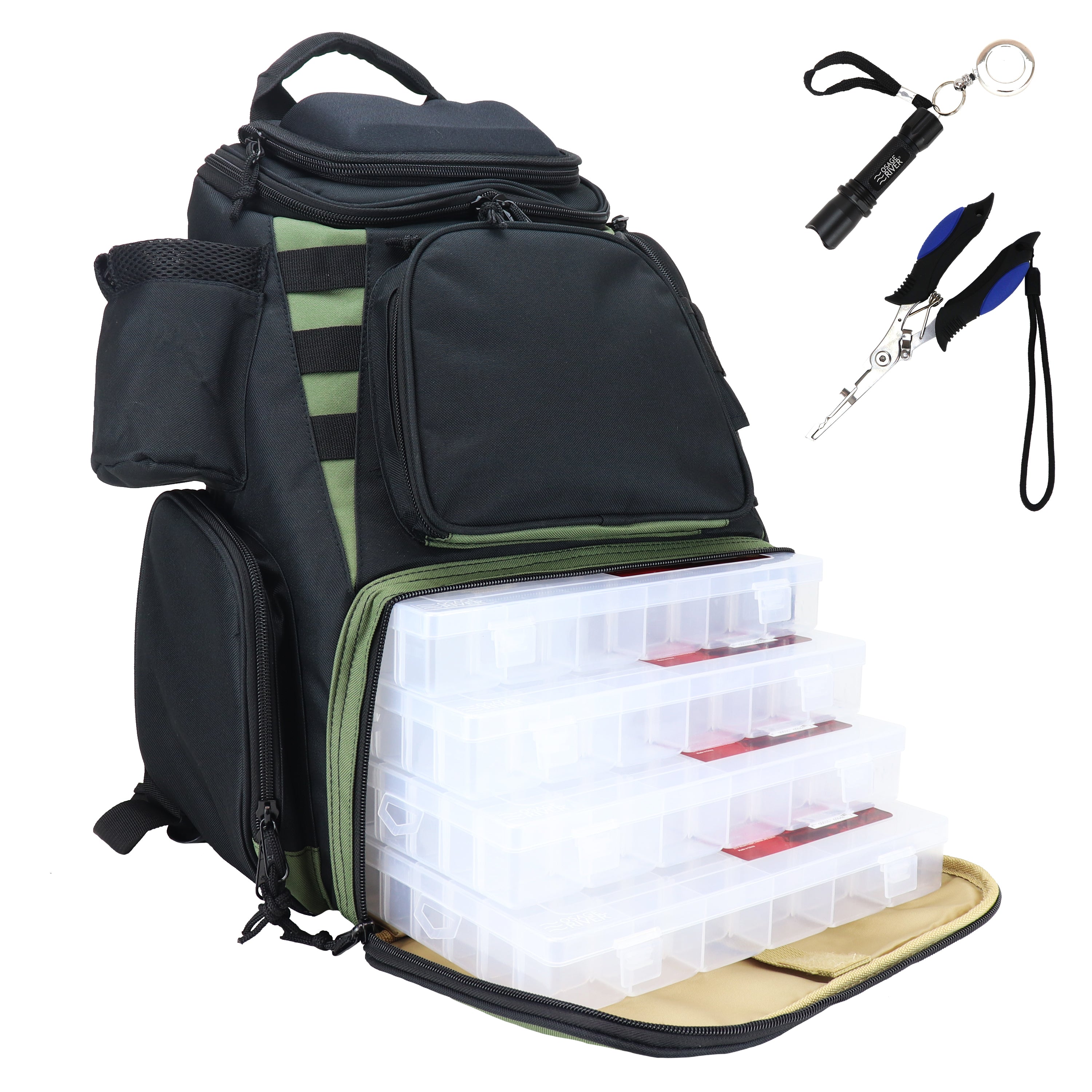Osage River Ultimate Fishing Backpack w Tools and 4 Boxes-Large-Olive – Osage River Gear