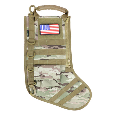Tactical Christmas Stocking with Handle, USA Patch, MOLLE Webbing, Zip Pocket, Christmas Stocking Gift for Firefighter Army Police Veteran