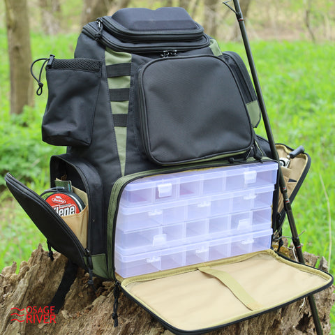 Fishing Backpack, Fits 4 Large Tackle Boxes, MOLLE Webbing as Rod Holder, Waterproof Rain Cover, Includes Pliers and Flashlight