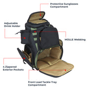 Fishing Backpack, Fits 4 Large Tackle Boxes, MOLLE Webbing Rod Holder, Waterproof Rain Cover, Includes Pliers and Flashlight
