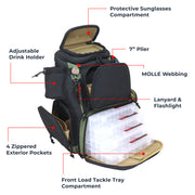 Fishing Backpack, Fits 4 Large Tackle Boxes, MOLLE Webbing Rod Holder, Waterproof Rain Cover, Includes Pliers and Flashlight