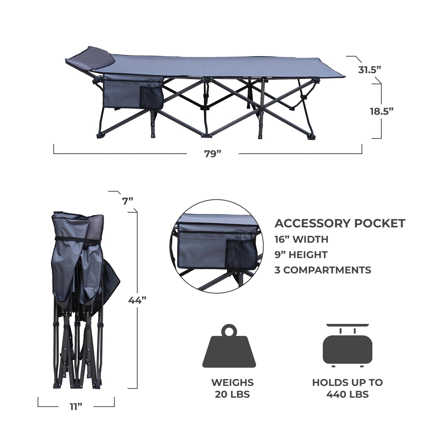 XL Folding Camping Cot with Pocket and Built-In Pillow