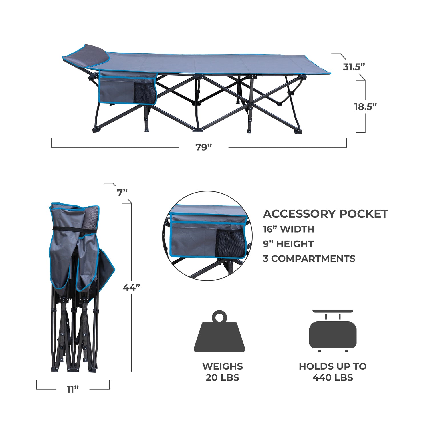 XL Folding Camping Cot with Pocket and Built-In Pillow