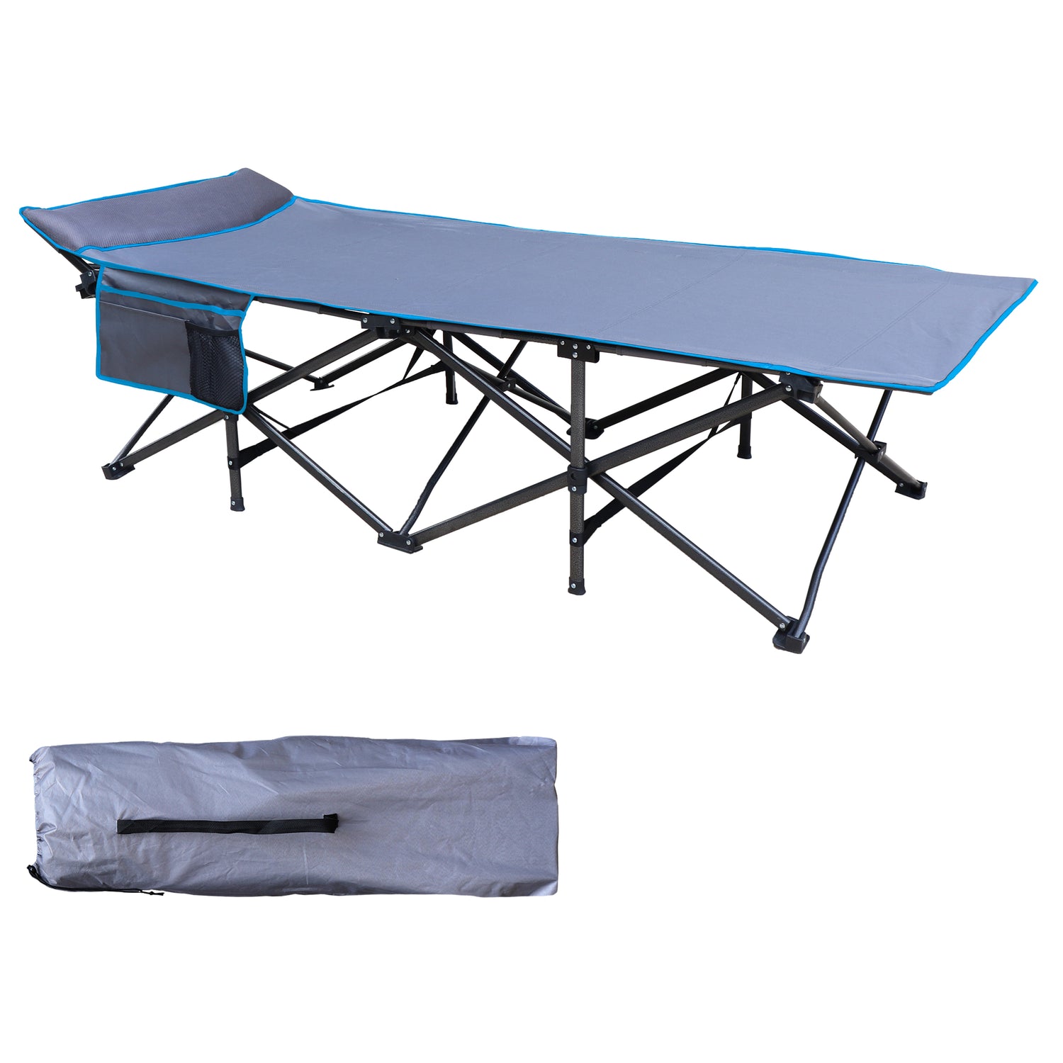 XL Folding Camping Cot with Pocket and Built-In Pillow