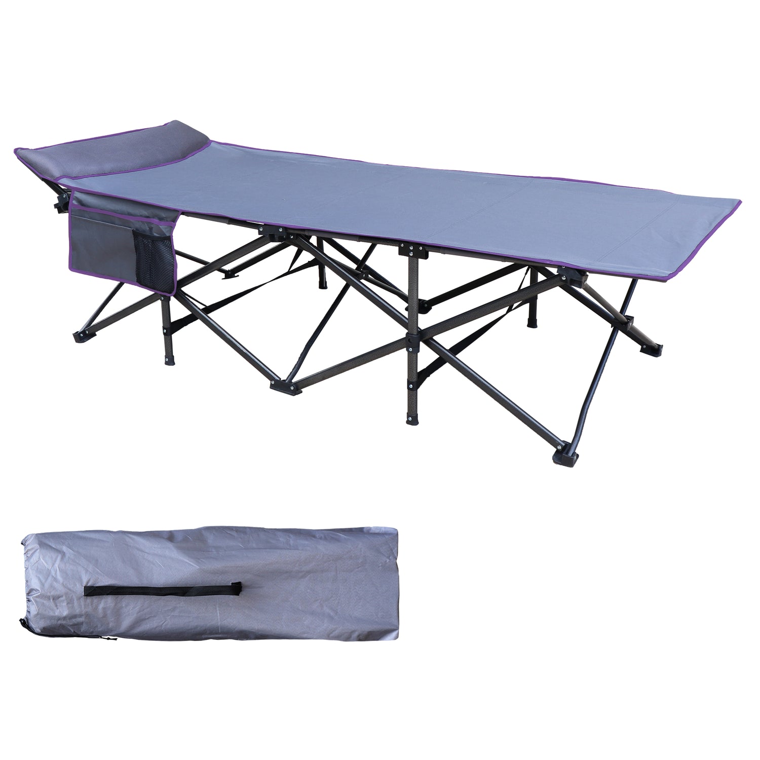 XL Folding Camping Cot with Pocket and Built-In Pillow