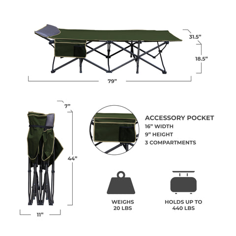 XL Folding Camping Cot with Pocket and Built-In Pillow, Supports up to 440 lbs, Portable Sleeping Bed for Backpacking, Travel, or Camping