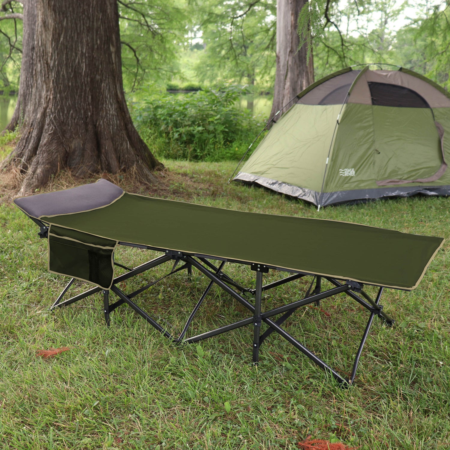 XL Folding Camping Cot with Pocket and Built-In Pillow