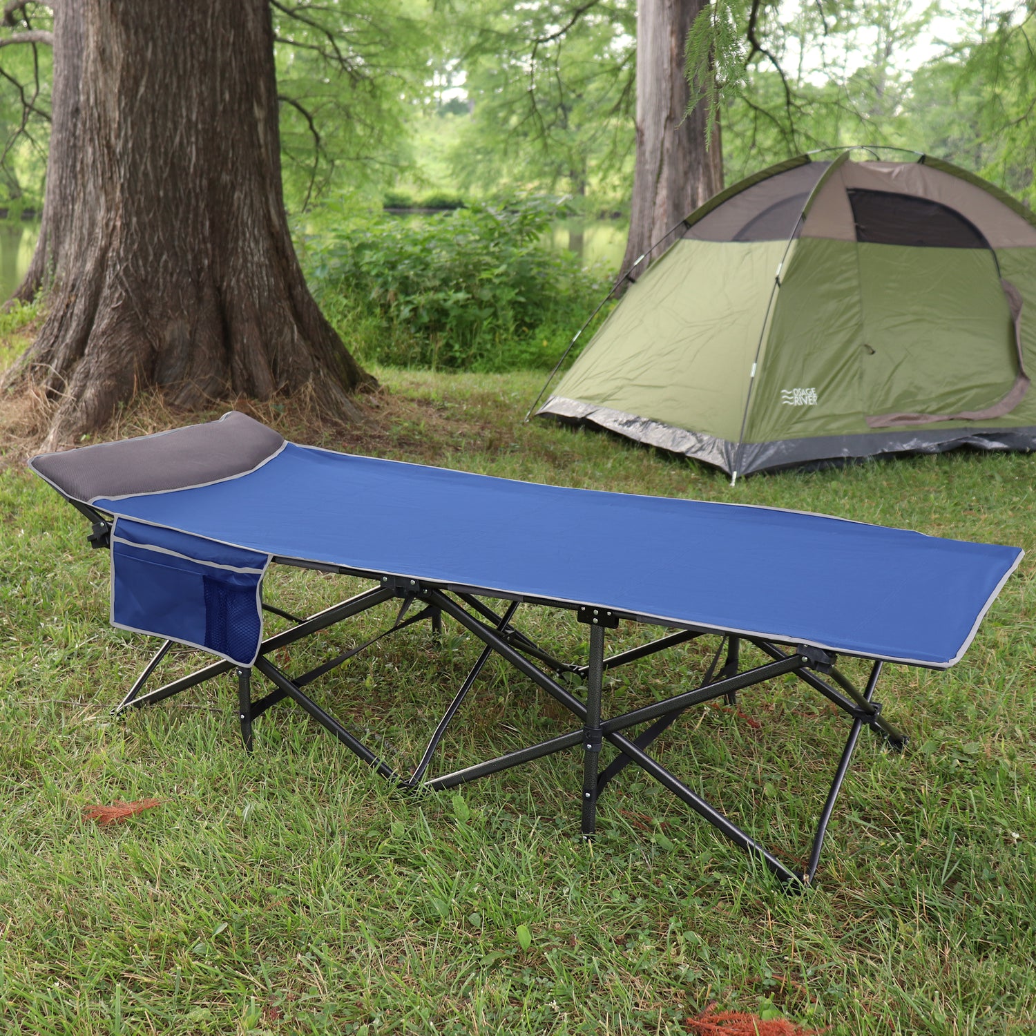 XL Folding Camping Cot with Pocket and Built-In Pillow