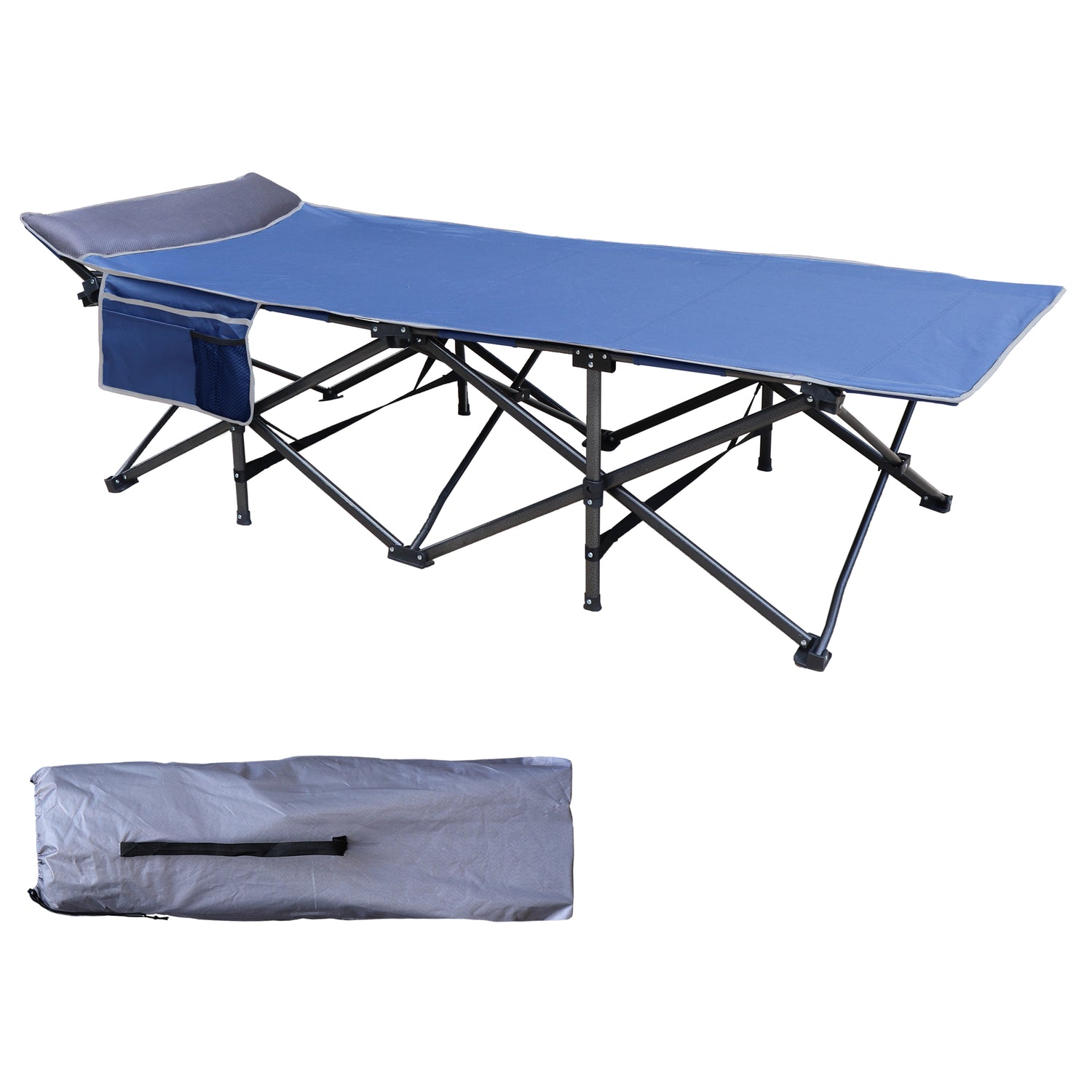 XL Folding Camping Cot with Pocket and Built-In Pillow