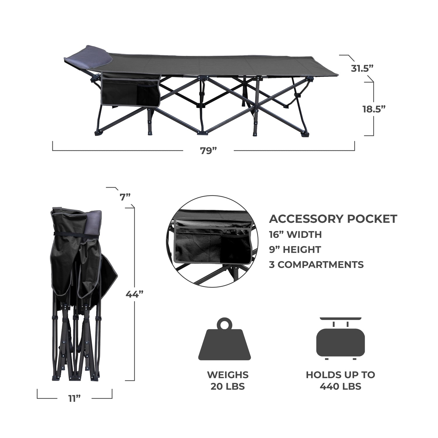 XL Folding Camping Cot with Pocket and Built-In Pillow