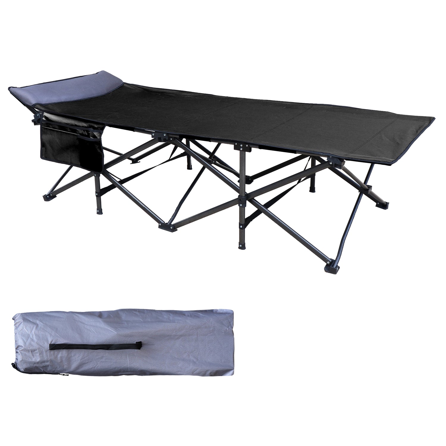 XL Folding Camping Cot with Pocket and Built-In Pillow